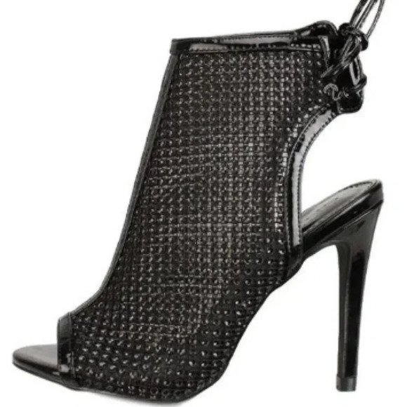 Sexy Black Peeptoe Rhinestone Mesh Strappy Lace Up High Heel Booties Size 7.5 - Picture 2 of 7